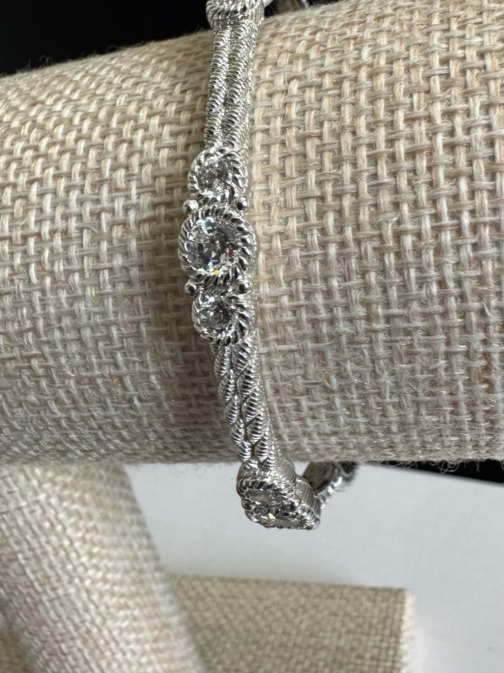 Judith Ripka 925 Silver Textured Bangle w/ Stations 3  Round Diamonique Crystals - Picture 2 of 9